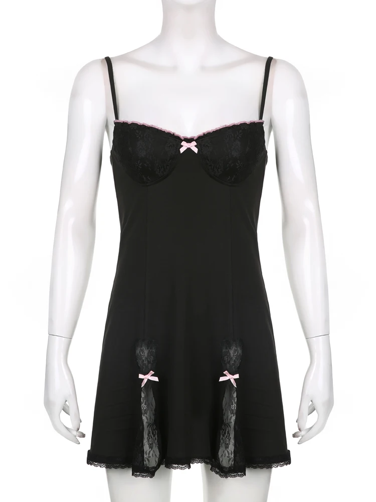 Darlingaga Y2K Retro Lace Patchwork Strap Bow Black Dress Mini Fashion Aesthetic Bow Club Party Sexy Dresses for Women Outfits