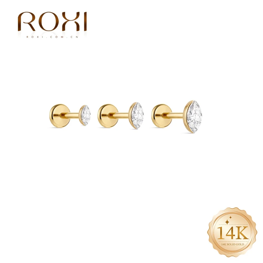 Фото ROXI 1 шт. 5 6 8 мм 14K цельное золото, маркизная огранка, фианиты в оправе, гипоаллергенная серьга-гвоздик с плоской задней частью для женщин, для повседневного ношения №1