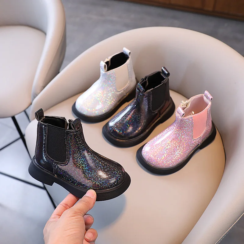

Children Chelsea Leather Boots New Winter Shoe for Girl Kids Single Booties Fashion Shiny Girls Princess Boot Toddler Girl Shoes