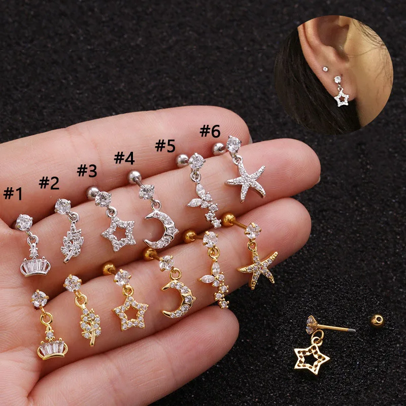 

1Pc Korean Zircon Piercing Stud Earring For Women Moon Star Pendant Helix Cartilage Earring Stainless Steel Jewelry