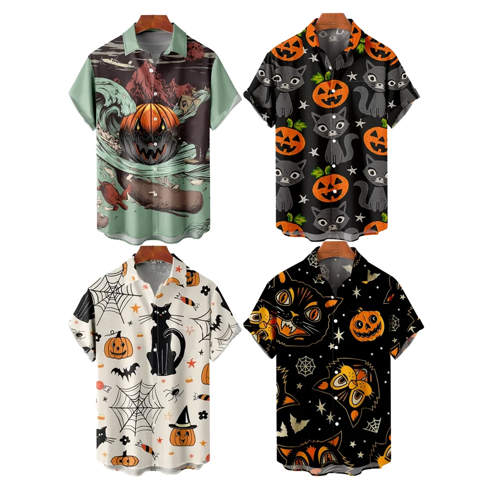 Casual Festive Collection Halloween Skull, Cat & Spider Pumpkin Print Men's Lapel Short Sleeve Hawaiian Shirt