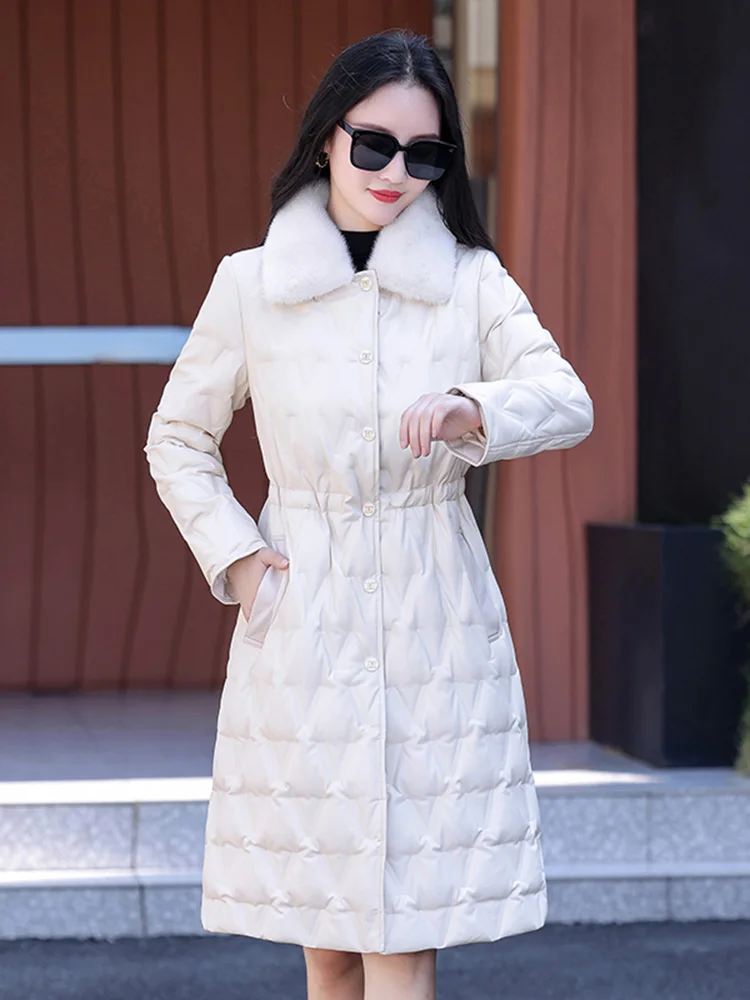 New Women Leather Down Coat Winter Casual Warm Mink Fur Collar Drawstring Waist Sheep Leather Long Down Jacket Thicken Outerwear