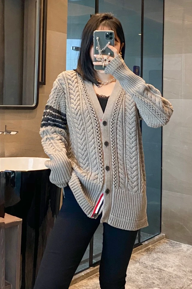 College style tb style four-stripe thick needle twist all-match sweater V-neck hollow knitted sweater jacket women