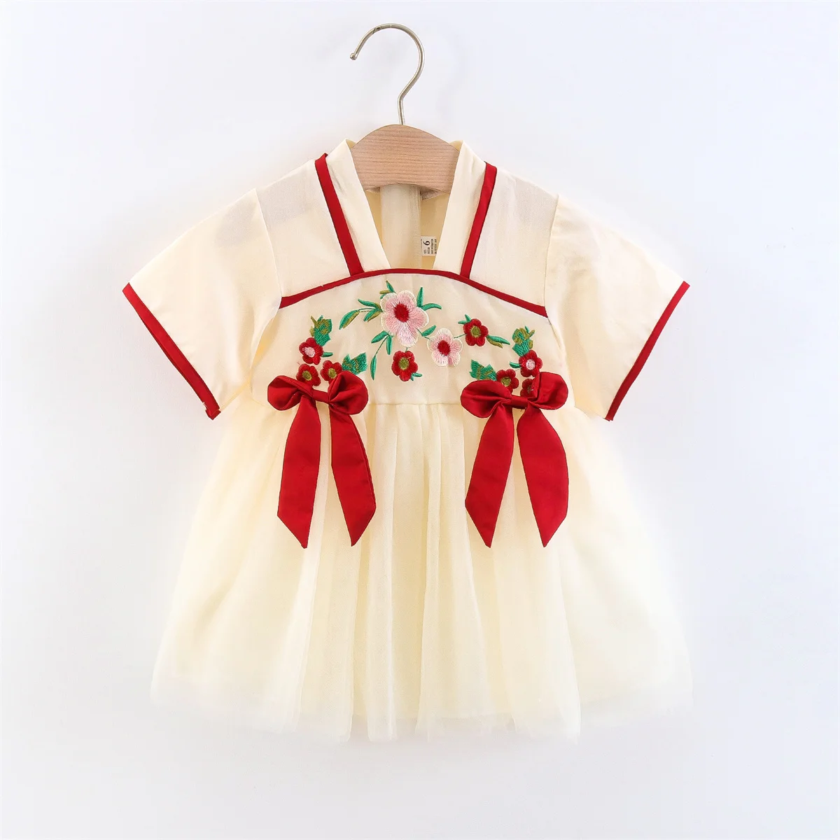 Летнее детское платье Hanfu с короткими рукавами и бантом принцессы из хлопка