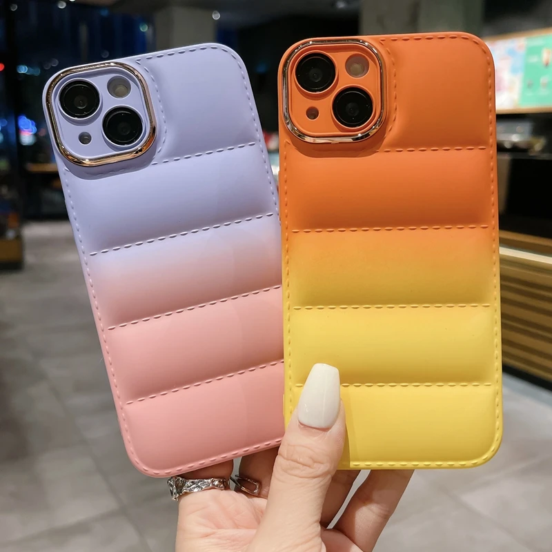 Роскошный чехол-пуховик для телефона iPhone 14, 13, 12, 11 Pro Max Plus, защита с градиентными цветными линзами, противоударные чехлы
