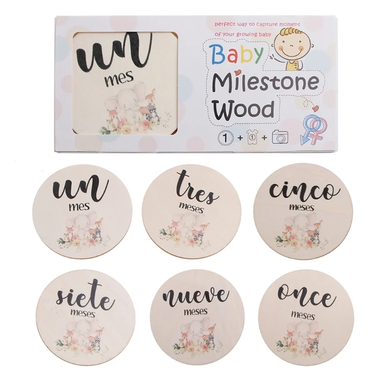

6 Pcs/Set Handmade Baby Milestone Cards Newborn Monthly Recording Cards Spanish Language Letters Baby Elephant Animal Print Toys