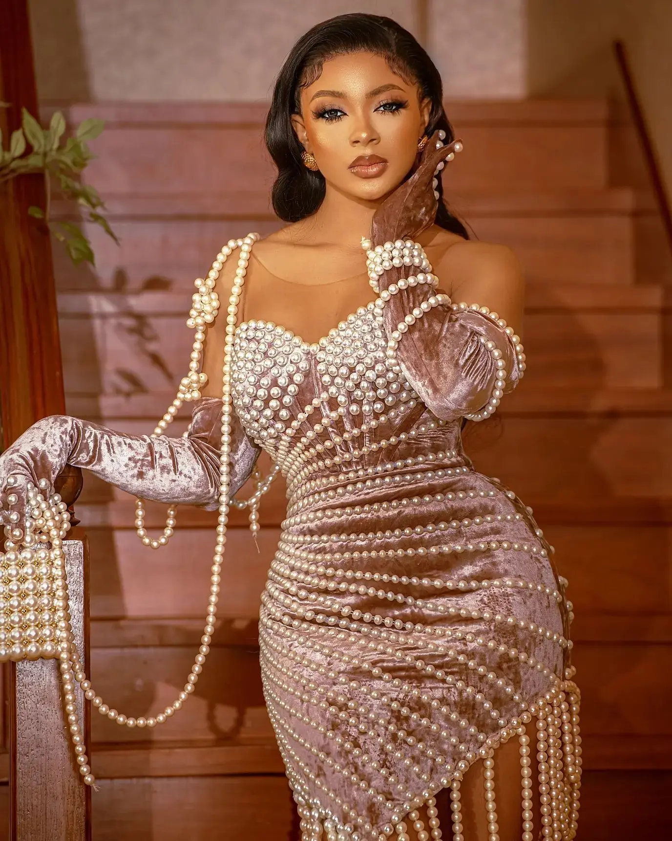 Luxury Dress Women Sexy Slim-slim Long-sleeve Dress Pearl Nail-bead Show Dress Party Dresses Hot Sale Europe and Africa Style