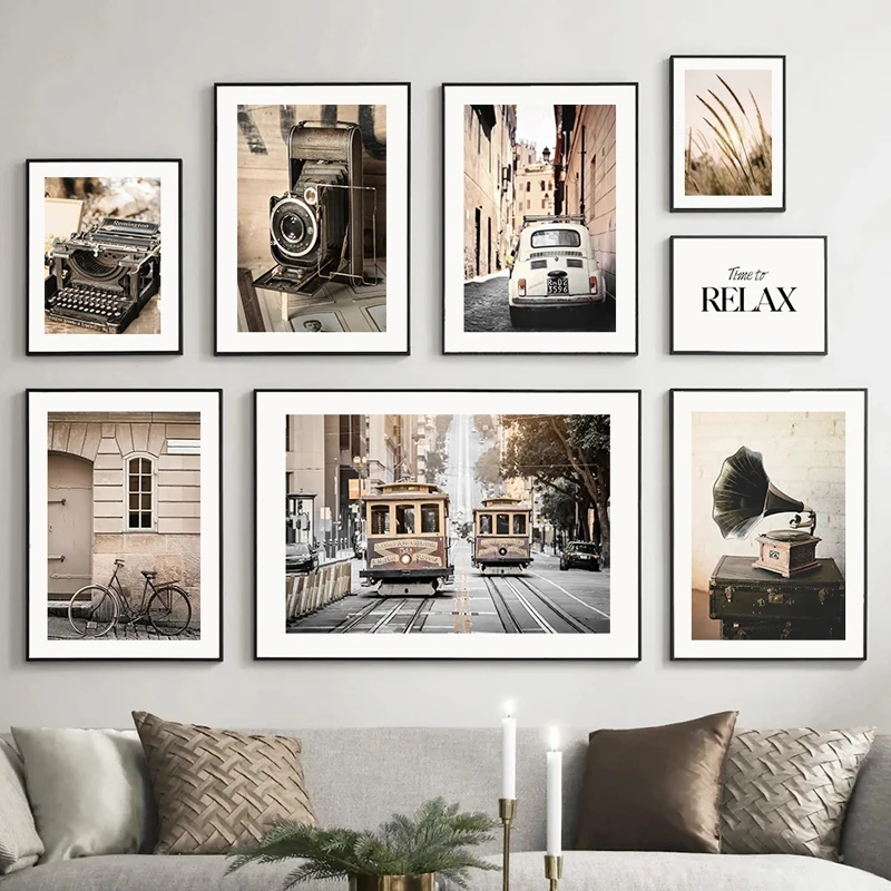 Wall Art Painting Vintage Camera Record Player Bicycle Typewriter Nordic Car Poster and Living Room Printed Wall Cuadros
