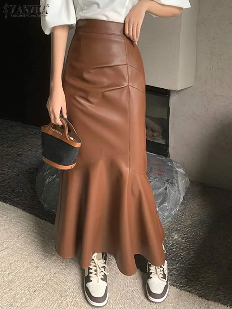 

Fashion Women PU Leather Skirts ZANZEA 2023 High Waisted Long Faldas Vintage Pleats Patchwork Ruffles Jupe Autumn Solid Skirts