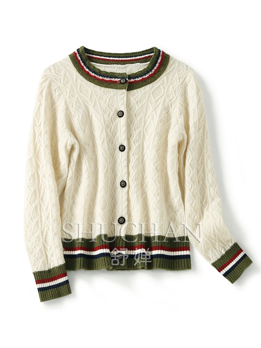 100% кашемировый кардиган Женский вязаный свитер с круглым вырезом Повседневный