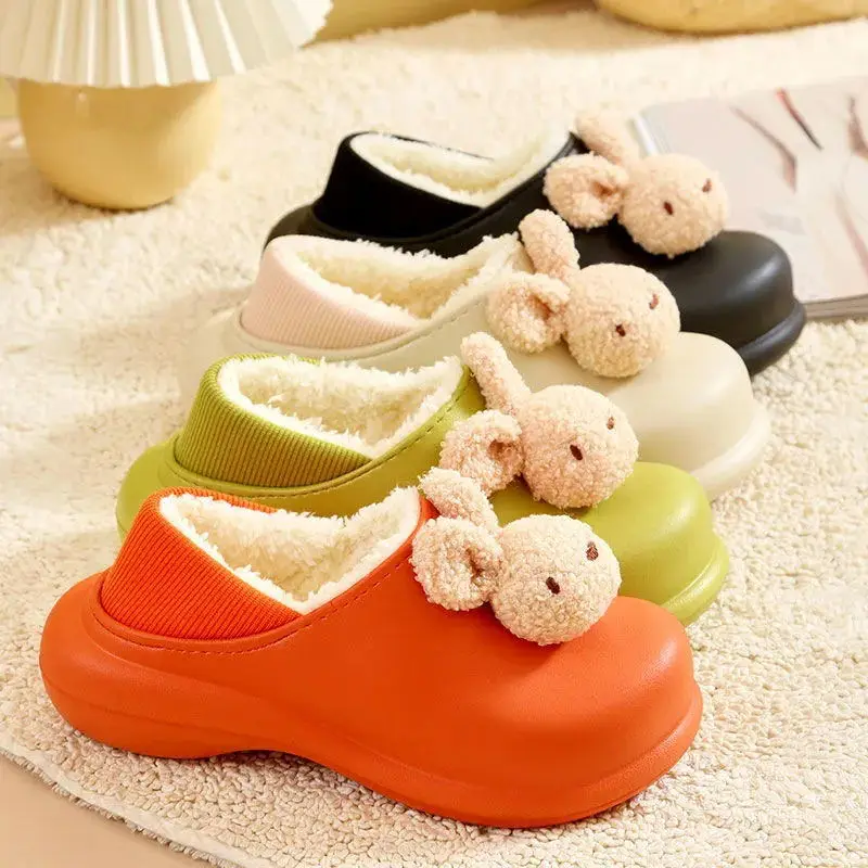 Winter Waterproof Women Slippers Cartoon Warm Non-Slip Thick Heel Home Cotton Plush Shoes Indoor Outdoor Slides Cute Shoes mules