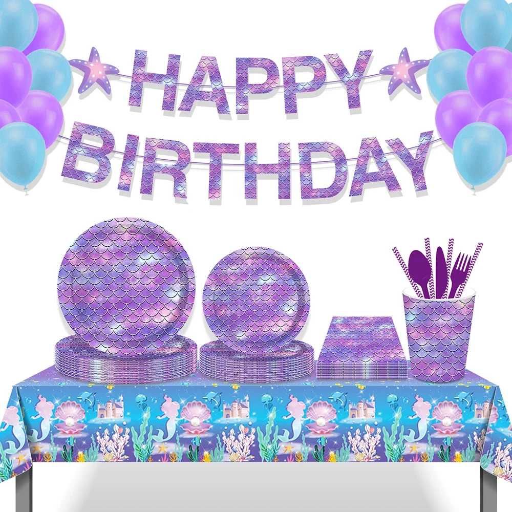 

Girl Princess Little Mermaid Party Disposable Tableware Set Paper Plate Cup Napkin Tablecloth Kids Birthday Decoration Supplies