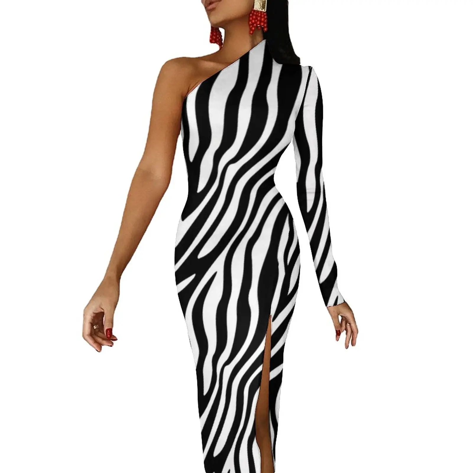 

Zebra Pattern Bodycon Dress Spring African Animal Stripes Print Modern High Slit Long Dresses Womens Long Sleeve Party Dress