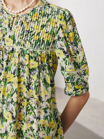 Платье SuyaDream женское с цветочным принтом, платье средней длины из 100% натурального шелка с круглым вырезом, одежда желто-зеленого цвета для весны и лета, 2024