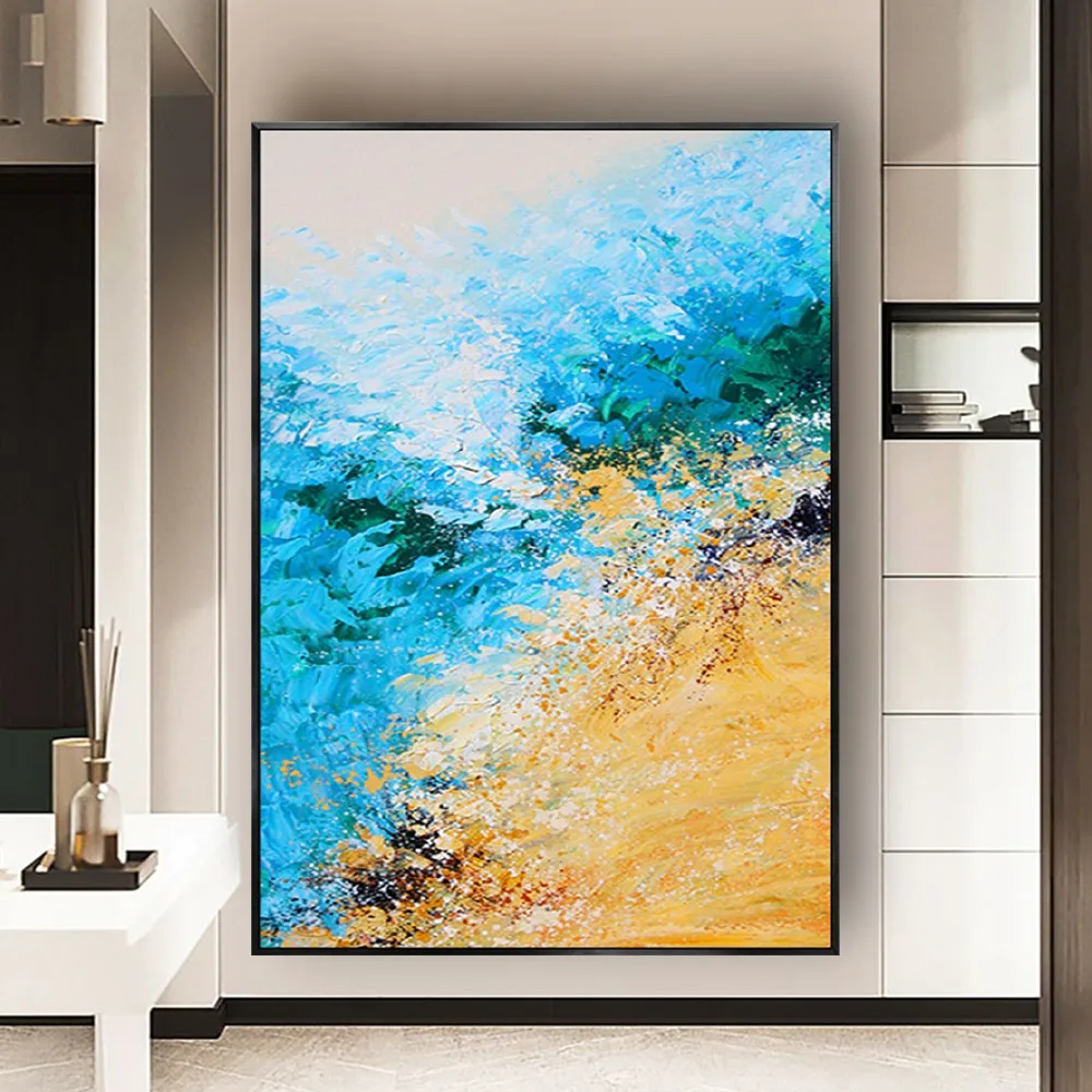 

Hand Painted Thick Oil Texture Oil Paintings Blue Sea Canvas Painting Abstract Coastline And Waves Wall Art No Frame Decor Home