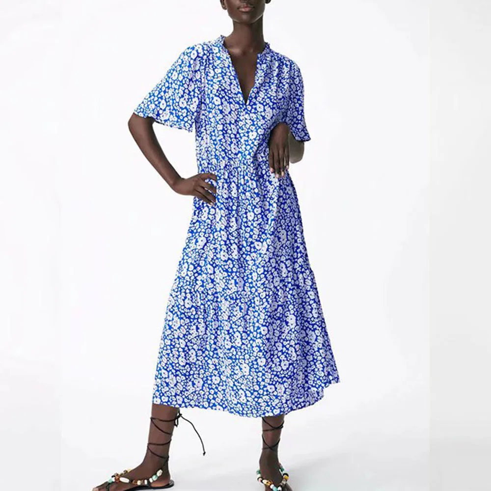 

2022 women's spring and summer new flower loose dress fashion V-neck drape high waist temperament midi skirt