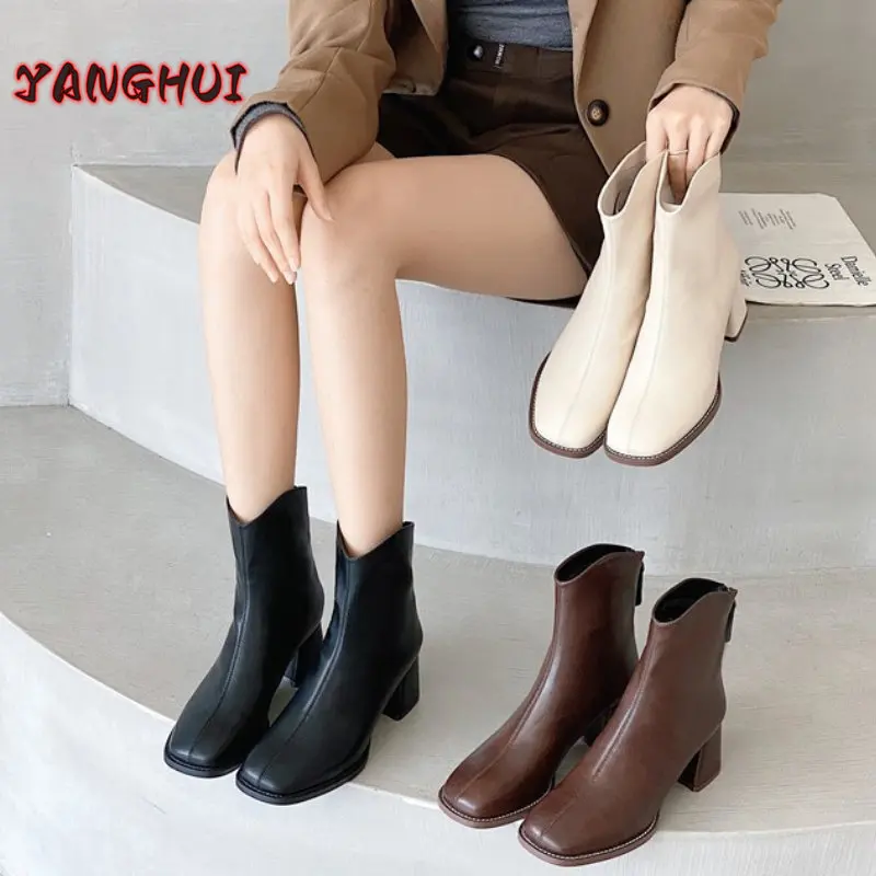 

2022 Winter New Style Comfortable Square Head Fashion Boots Women's Leather Top Back Zipper High Heels Fashion Versatile Shoes