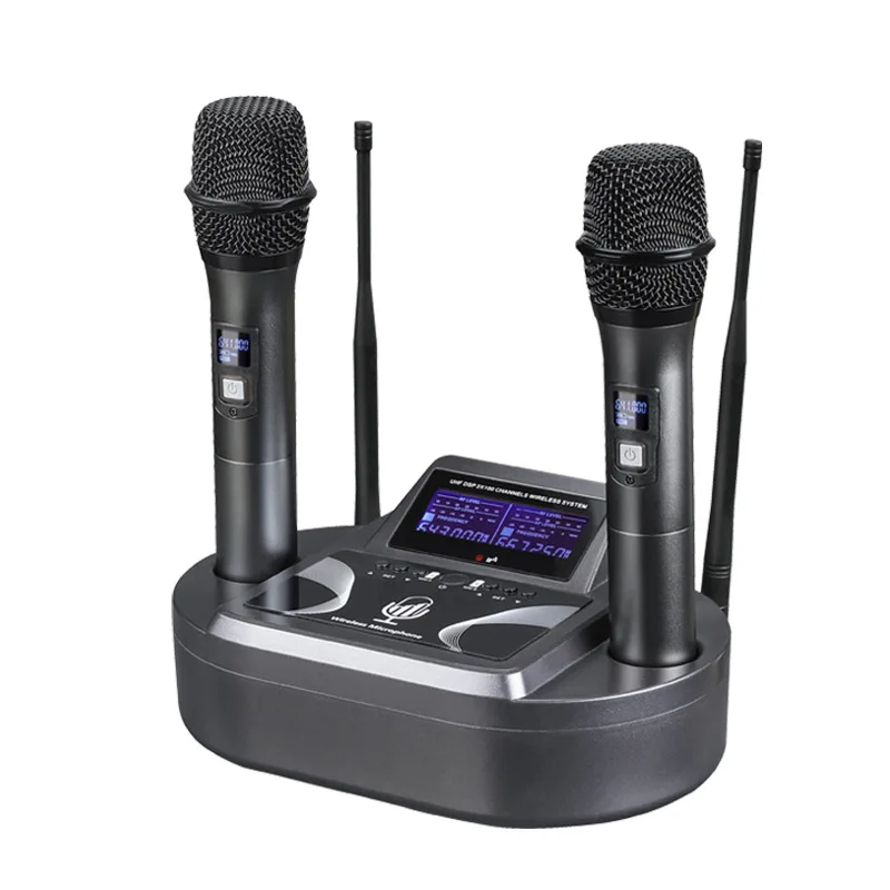 

2 channels UHF wireless microphone UHF DSP dual channel Hi-Fi Microphone party Karaoke microphone rechargeable pa system