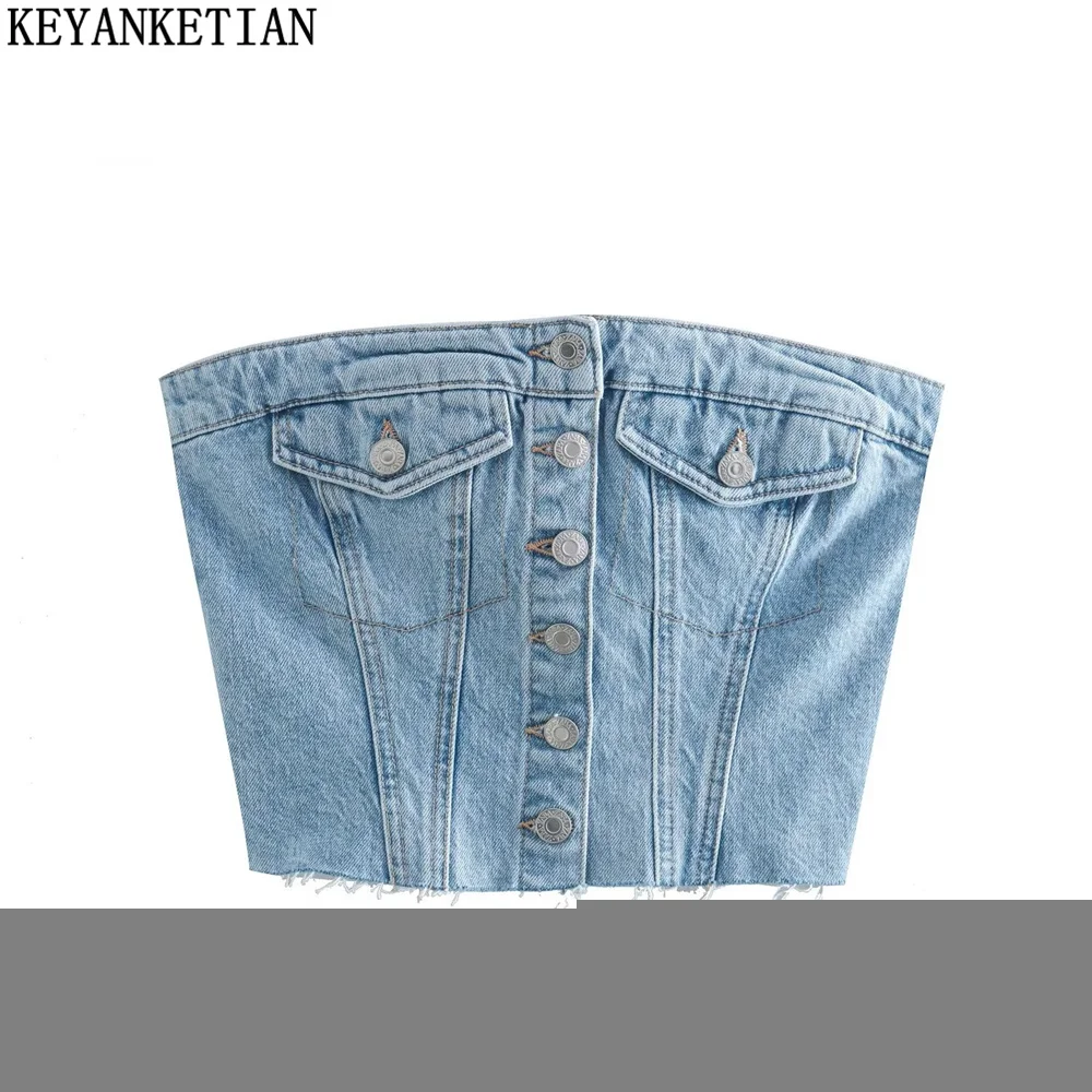 

KEYANKETIAN Women Sexy Strapless Single Breasted Denim Tube Corset Summer Ladies Back Pleats High Waist Wrap Chest Crop Vest Top