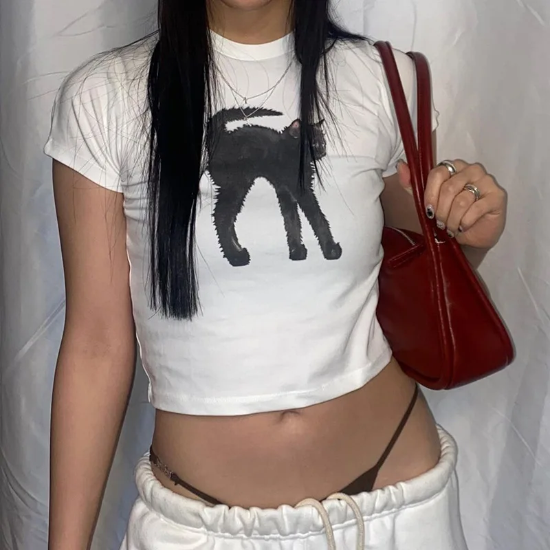 Укороченный белый женский топ с милым принтом базовая Повседневная футболка