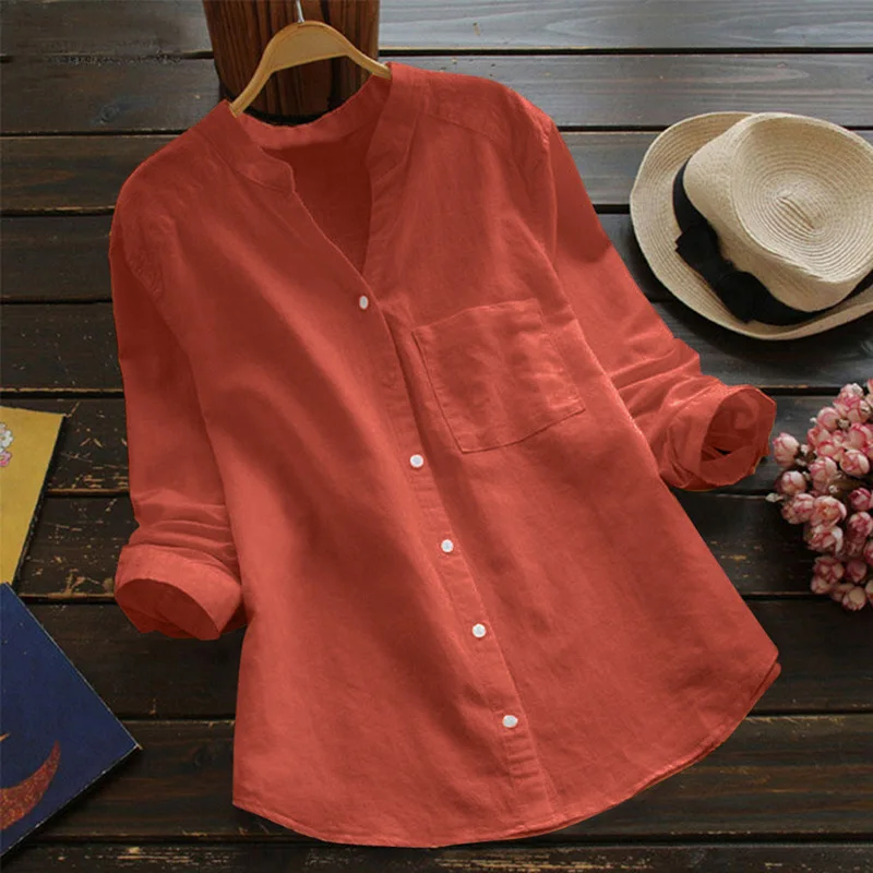 

Cotton linen shirt Women's loose large V-neck linen top