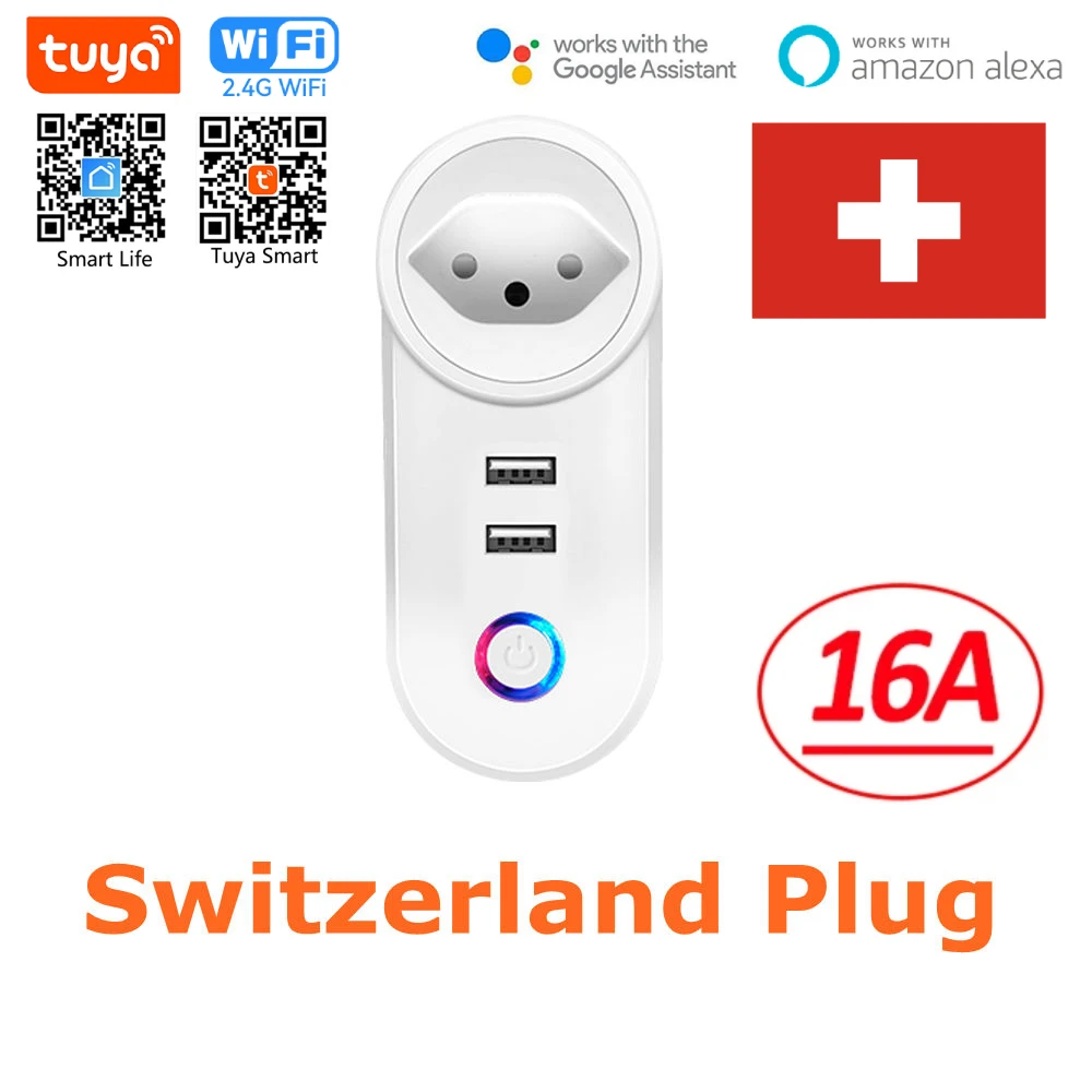 

Switzerland WiFi Smart Plug Socket USB Power Strip Outlet Tuya Smart Life HomeKit Voice Control Power Monitor for Alexa Google