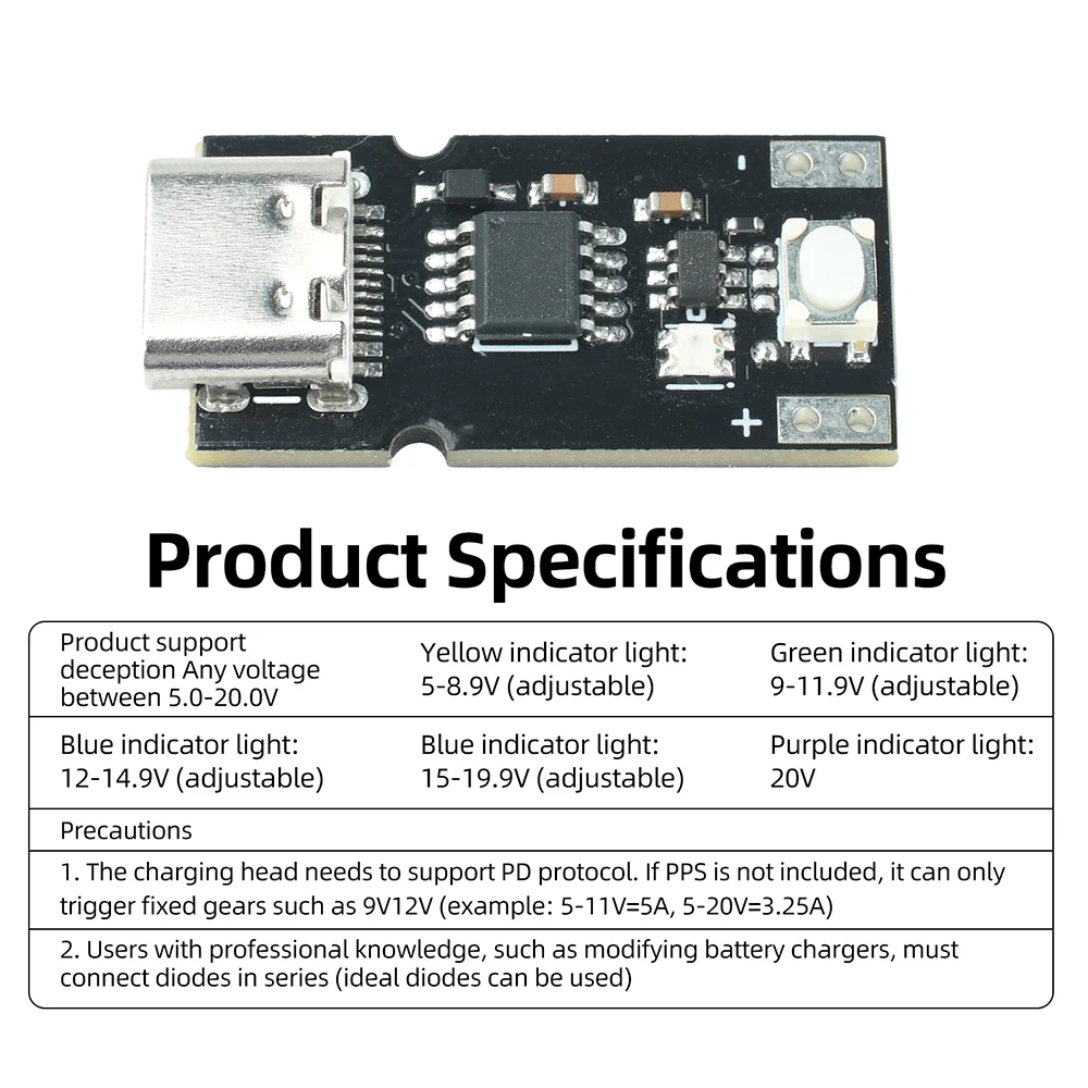 Фото USB Type-C PD QC Deception Board Trigger Fast Charge Module DC 5-20V Регулируемый индикатор модуля зарядки для повышения №5