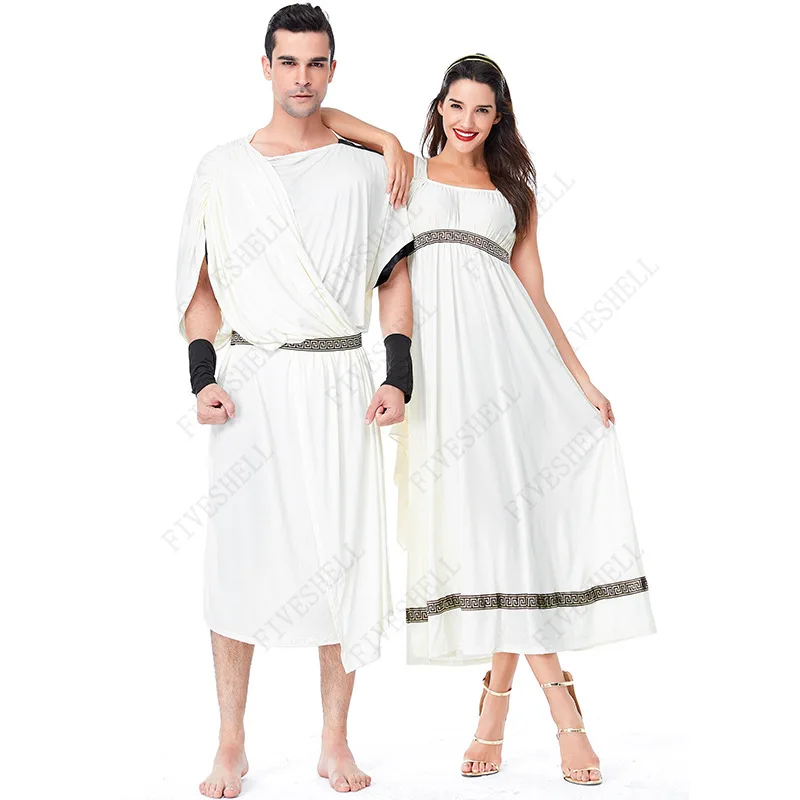 

Couple Set Halloween Cosplay Costume White Greek Goddess Dress For Women Medieval Costume Roman Solider Party Fancy Dress