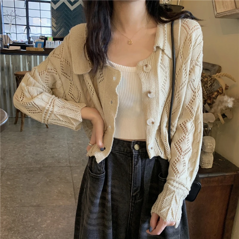 

Spring Autumn Korean Fashion Cute Lapel Hollowed Out Cropped Cardigan Women Ladies Elegant Kawaii Sweater Female Cheap Wholesale