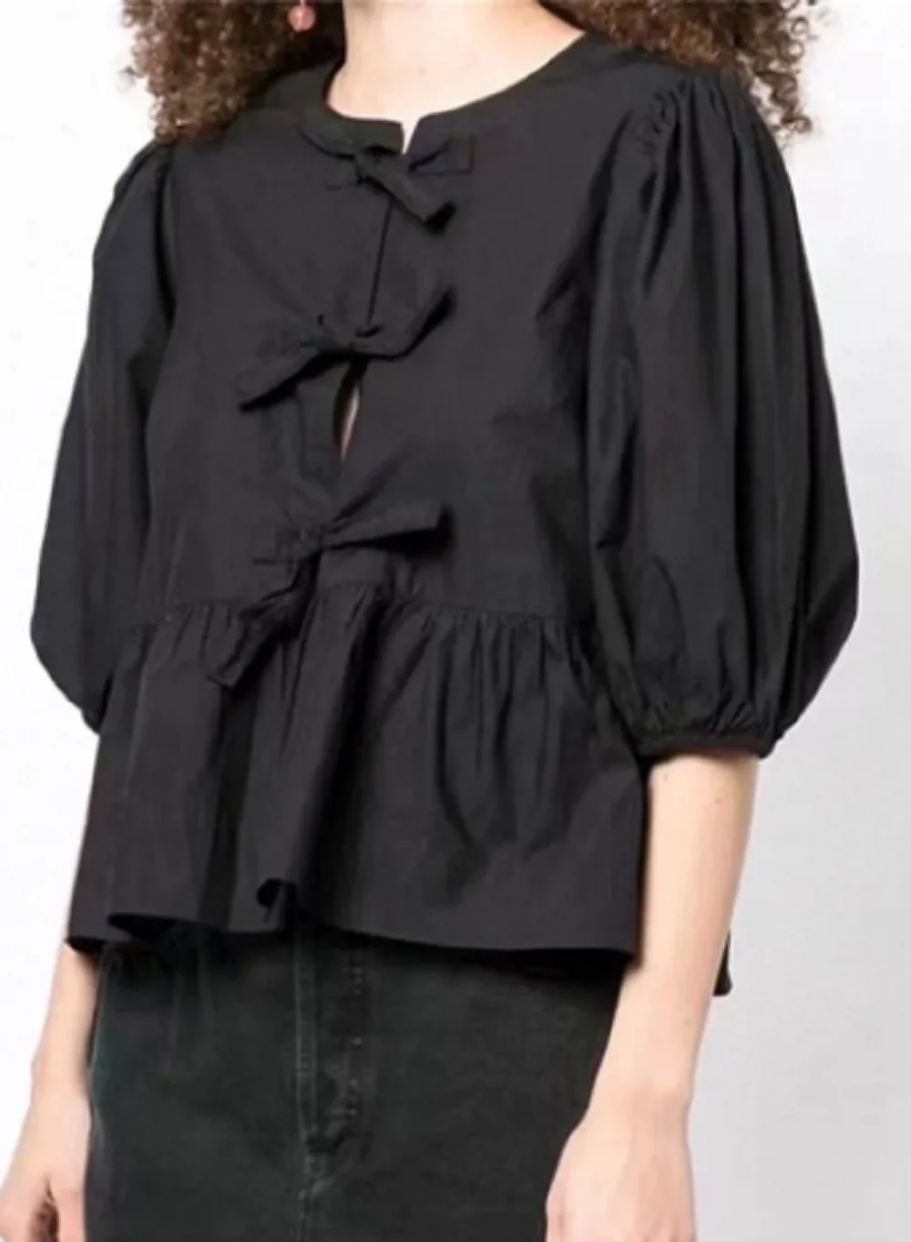 

Women Blouse Lace Up Puff Sleeve Solid Color Casual Shirt