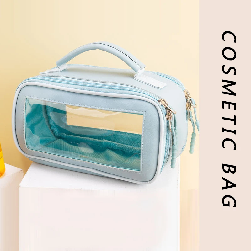 

2023 New Leather Cosmetic Bag Transparent Portable Travel Toiletry Organizer Large Capacity Portable Make Up Storage Bag Sac