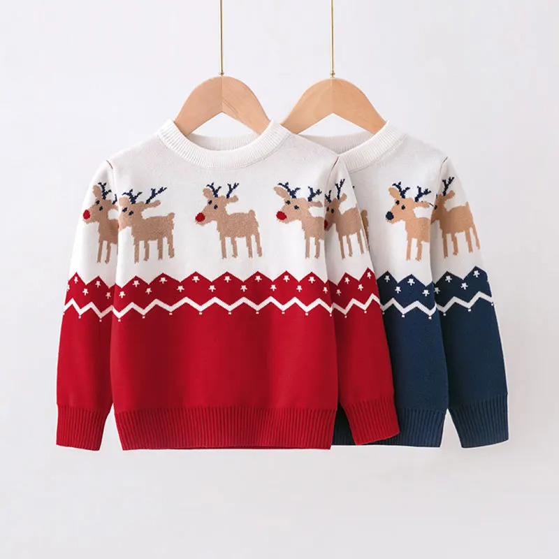 

Детский вязаный свитер с мультяшным оленем на осень и зиму свитер с круглым вырезом для мальчиков и девочек Рождественский свитер детская одежда