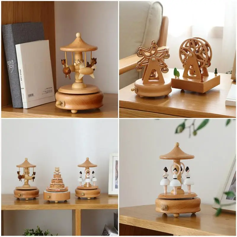 

Elegant Wooden Music Box Castle Carousel Musical Box Birthday Christmas Gift Music Sound Box Present Home Decor Accessories