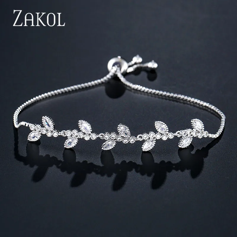 

ZAKOL Trendy Cubic Zirconia White Color Leaf Charm CZ Crystal Female Adjustable Bracelets For Women Wedding Jewelry FSBP2074