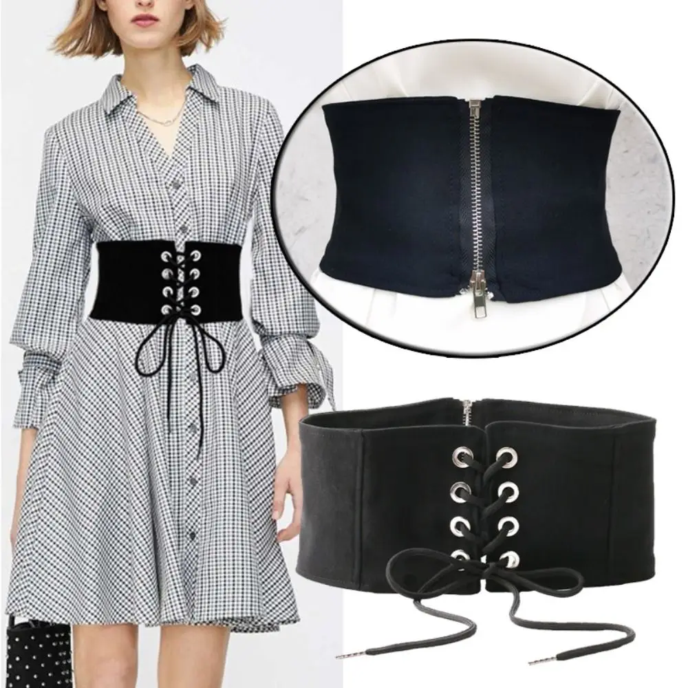 

Vintage Casual Skirt Dress Coat Tied Lace Waistband Zipper Corset Band Wide Elastic Belt Ladies Dress Cummerbands
