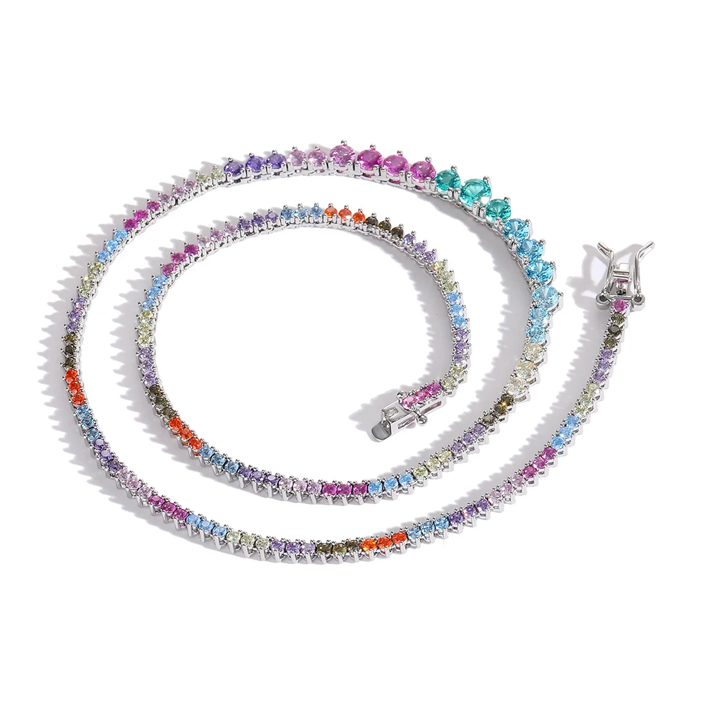 

EYIKA Boho Style 2mm-5mm Gradient Rainbow CZ Tennis Necklace 3 Prong Setting Zircon Iced Out Collar Women Men Hip Hop Jewelry