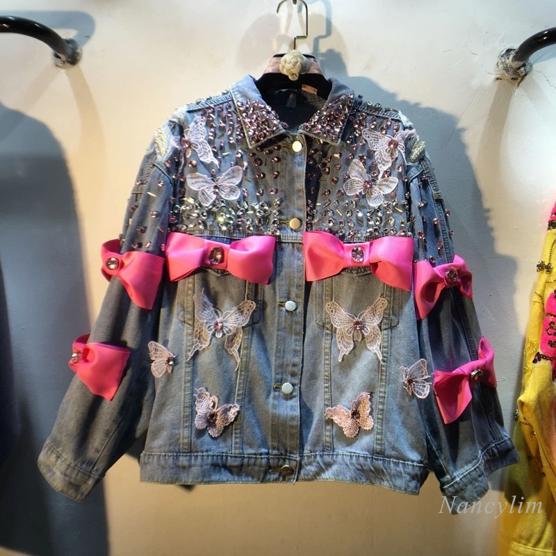 

Harajuku Style Women Denim Jacket 2022 Spring Clothes European Style New Beads Diamond Bow Loose Coats Ladies Outwear