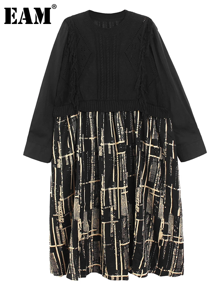 

[EAM] Women Black Knitting Chiffon Printed Big Size Dress New Round Neck Long Sleeve Loose Fashion Spring Autumn 2023 1DF3910