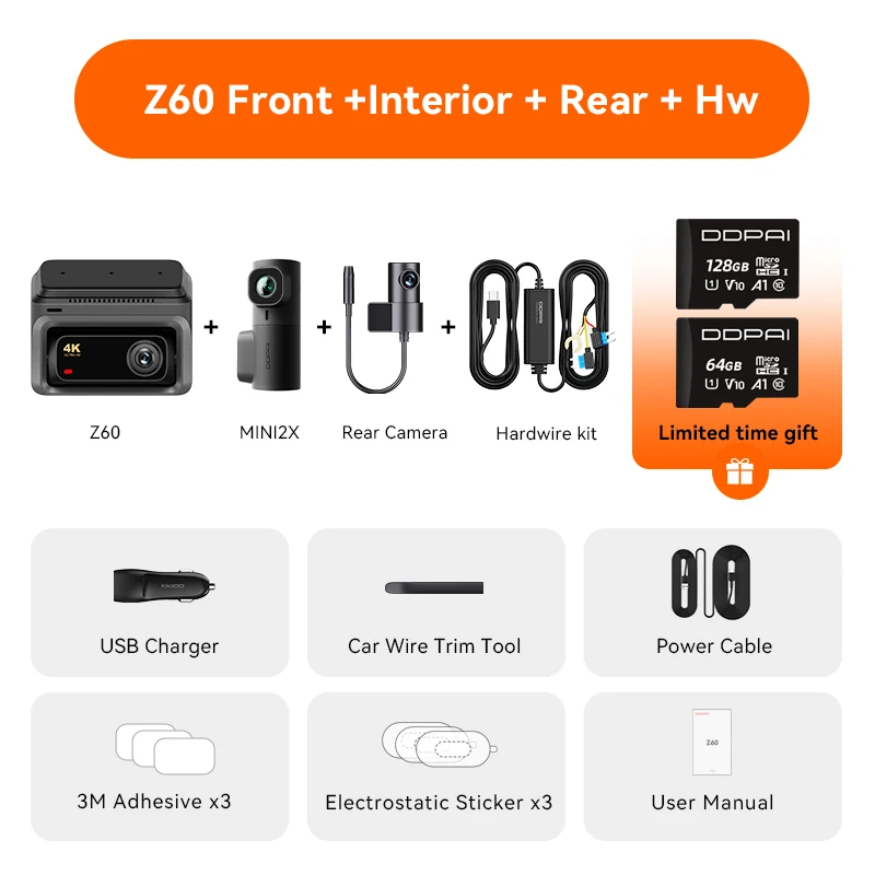 

DDPAI Z60 4K Поддержка заднего и интерьера с GPS 5 ГГц WiFi ADAS NightVISion Поддержка 24-часового парковочного монитора