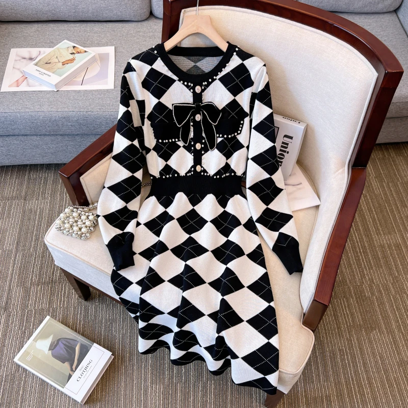 

Autumn Knitting Dress For Women French Vintage Bow Plaid Diamond Knitted Dresses Office Ladies Elegant Koeran dresses Robe