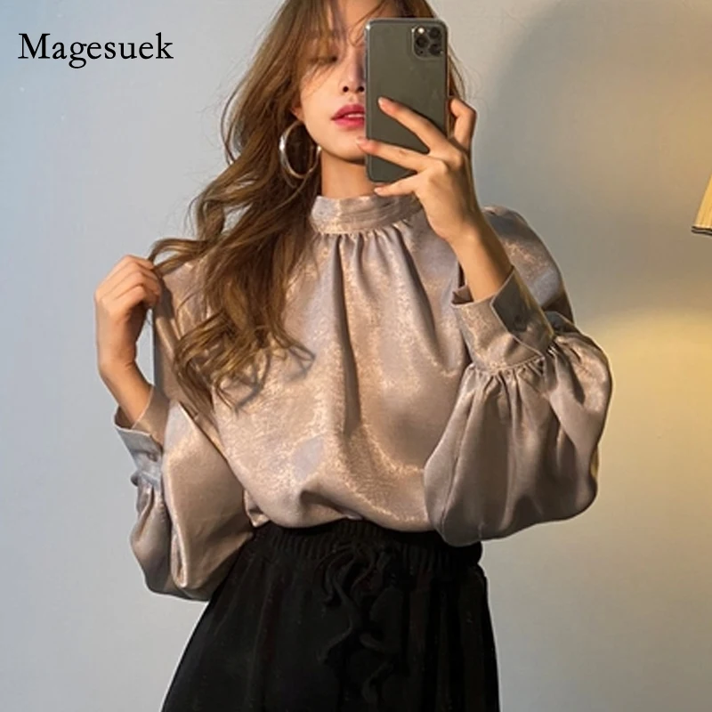 

New Korean Fashion Satin Blouse Women Spring Solid Office Lady Elegant Tops Lantern Sleeve Stand Collar Shirt Tops Blusas 12944