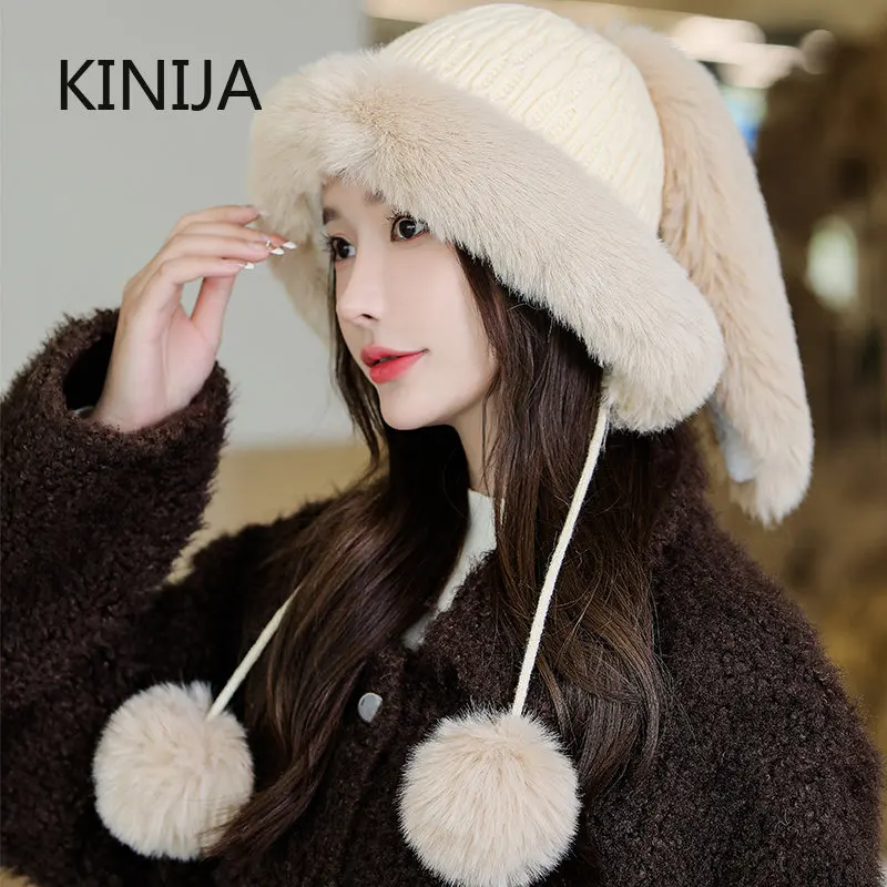 Winter Thick Outdoor Earflap Warm Hat Wool Knitted Snow Ski Cap Fleece Bomber Hat Women Ushanka Faux Fox Fur Pompom Rabbit Tail