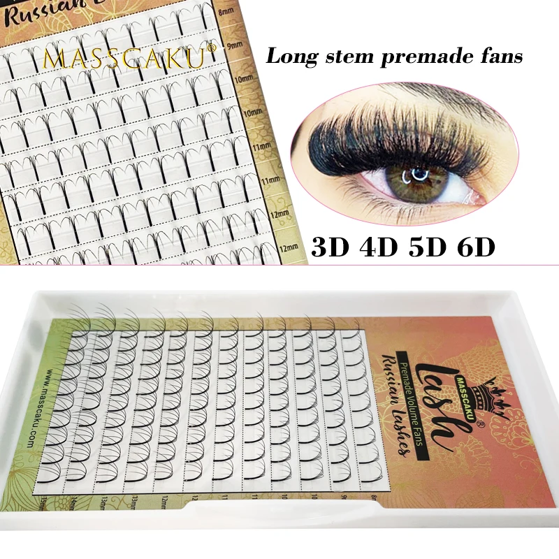 

MASSCAKU 0.07 0.10 thickness 3D-6D long stem premade fans russian volume super black soft natural professional eyelash extension