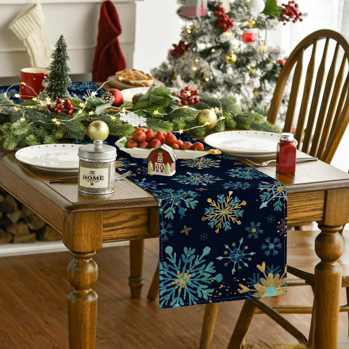 Рождественские синие снежинки шестиугольные льняные дорожки для стола декор