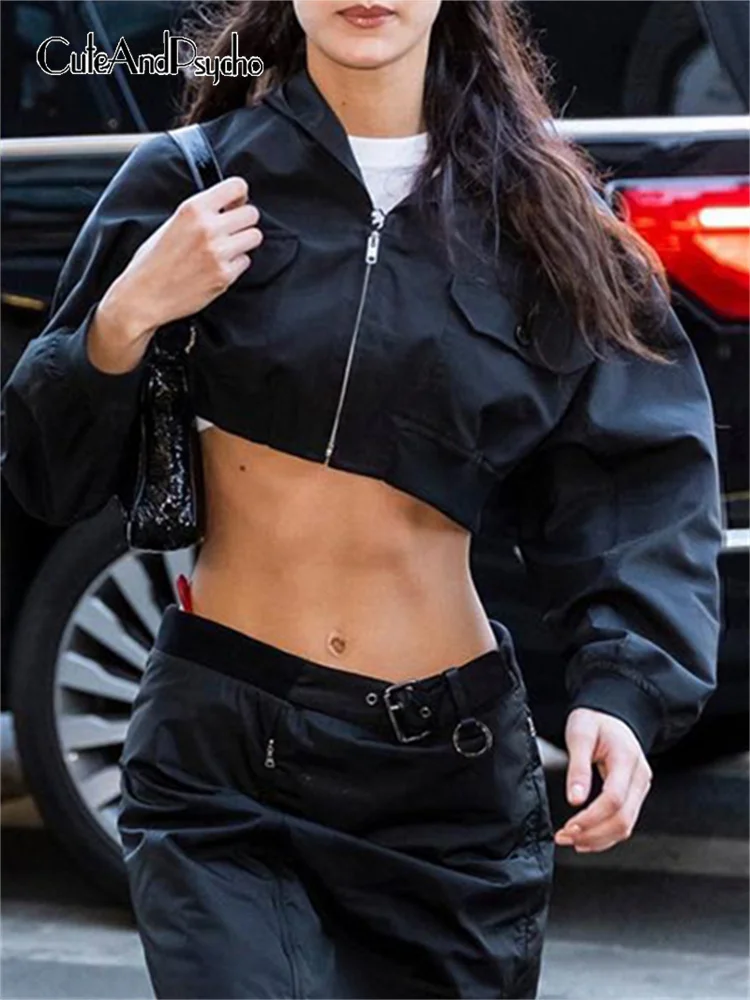 

Женская укороченная куртка с капюшоном, с длинным рукавом, в стиле Харадзюку