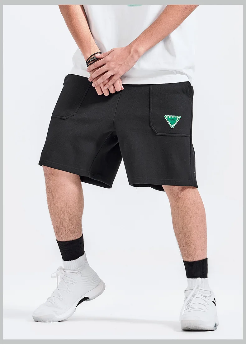 

PINLI Mens High Quality Summer Men's Casual Shorts High Quality Cotton 360g Loose Drawstring Sports Shorts Black Five Pants