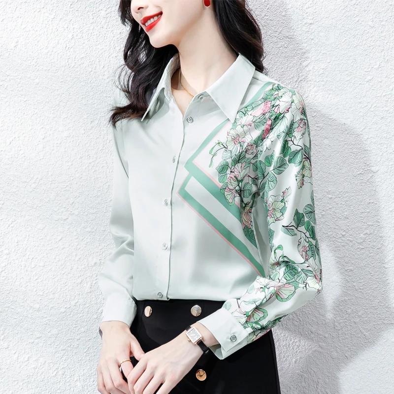 

Summer Long Sleeve Top Korean Fashion Printing Poplin Leisure Straight Polo Collar Women Shirt Movafag