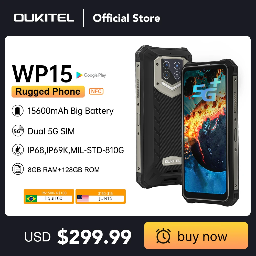 Oukitel WP15 Rugged Smartphone 8GB+128GB 6.5HD+15600mAh Octa Core Android11 Mobile Phone 48MP MT6833 NFC Smartphone Cell Phone