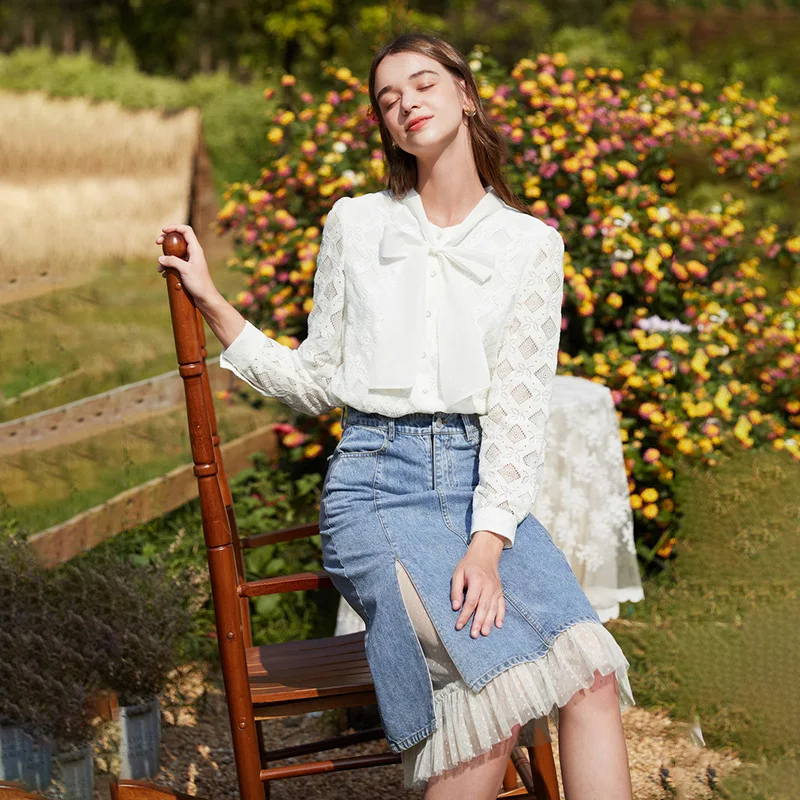 

Elegant Office Ladies Bow Tie Lace Top 2022 New White See-Through Button Shirt Female Spring Summer Sexy Chic Bow Knot Top