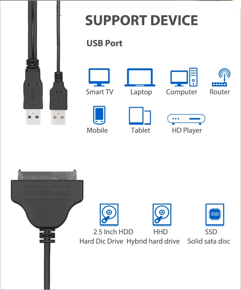 Двухпортовый адаптер Dual USB 3.0 к SATA 3G с опциональным питанием для 2,5-дюймового HDD SSD III жесткого диска ПК ноутбук.